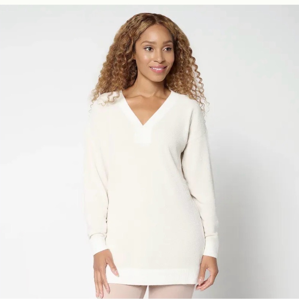 Barefoot Dreams Cozychic Ultra Life V‎ Neck Pullover White Sweater Tunic Women L